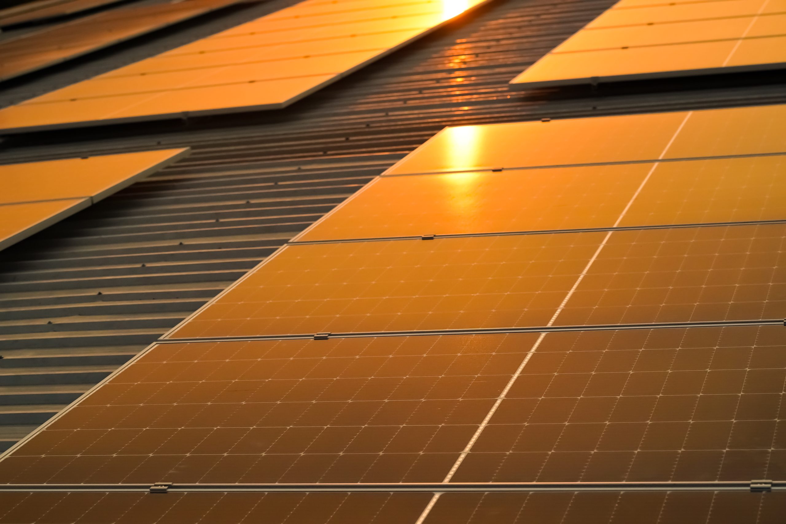 Sunset solar panel electric clean energy to the future. Solar panels on the meadow, sunset reflected on solar panel on rooftop. Green energy concept